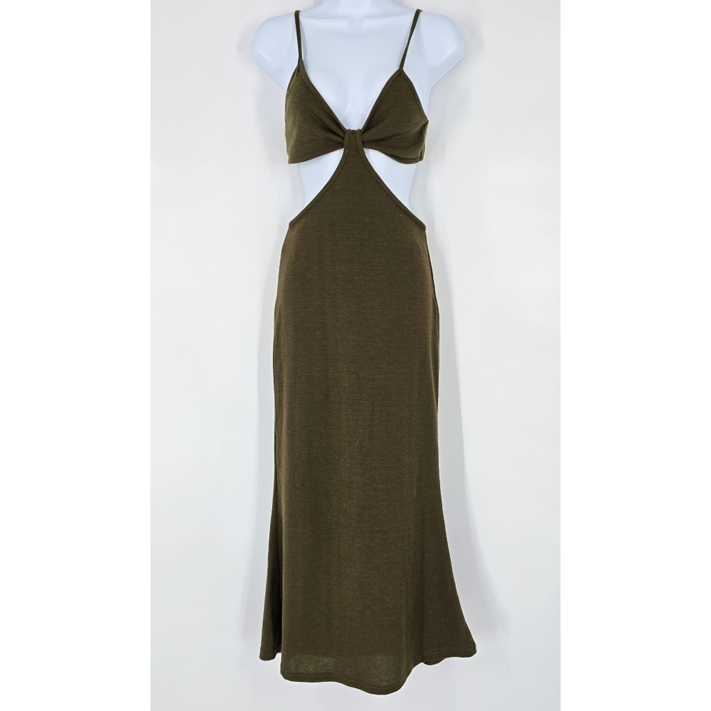 Reverse Dark Green Ribbed Cutout Midi Dress Size S NEW